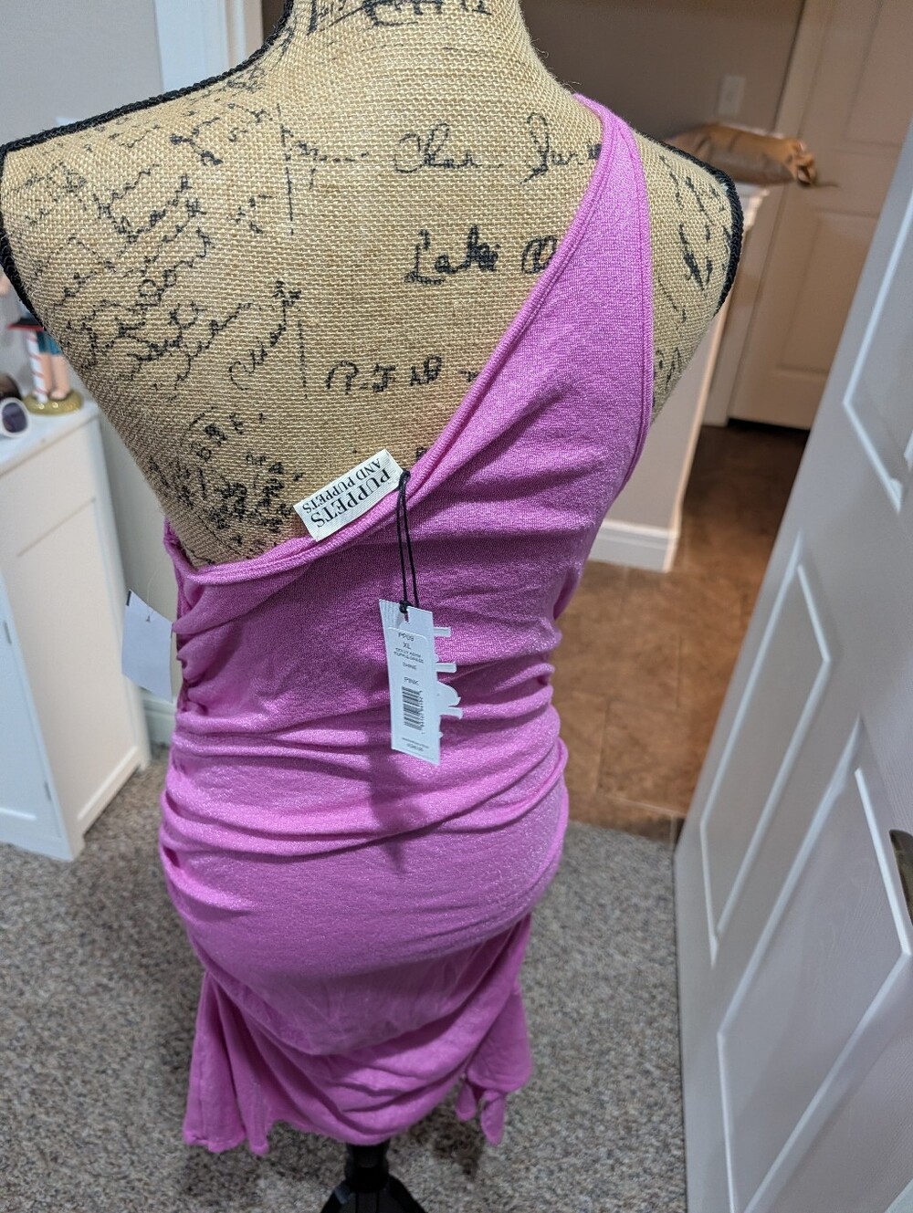 One-Shoulder Pink Ruched Midi Dress - Picture 5 of 6